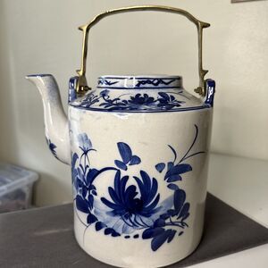 Vintage Blue Oriental Art Pottery Floral Tea Pot Brass Handle